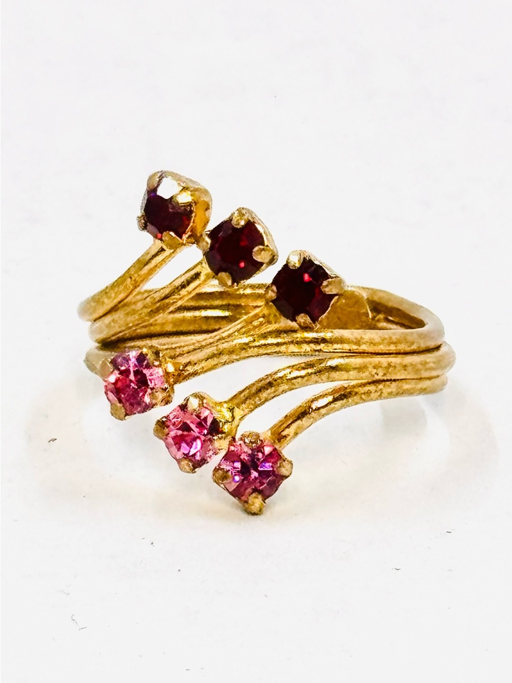 Vintage Bronze Signed WEST GERMANY Bypass Ring W/ Pink & Red Stones Adjustable